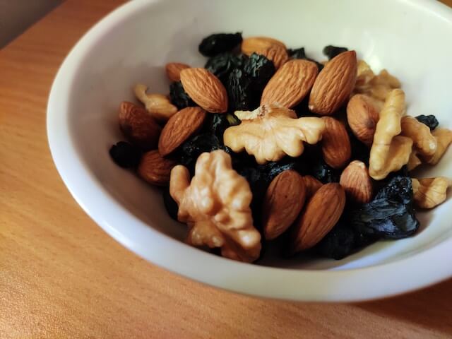 bowl of nuts and raisins